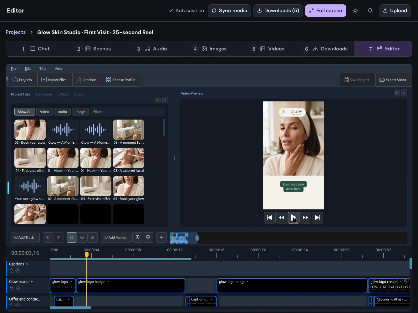 Glow's timeline in the interactive Create editor