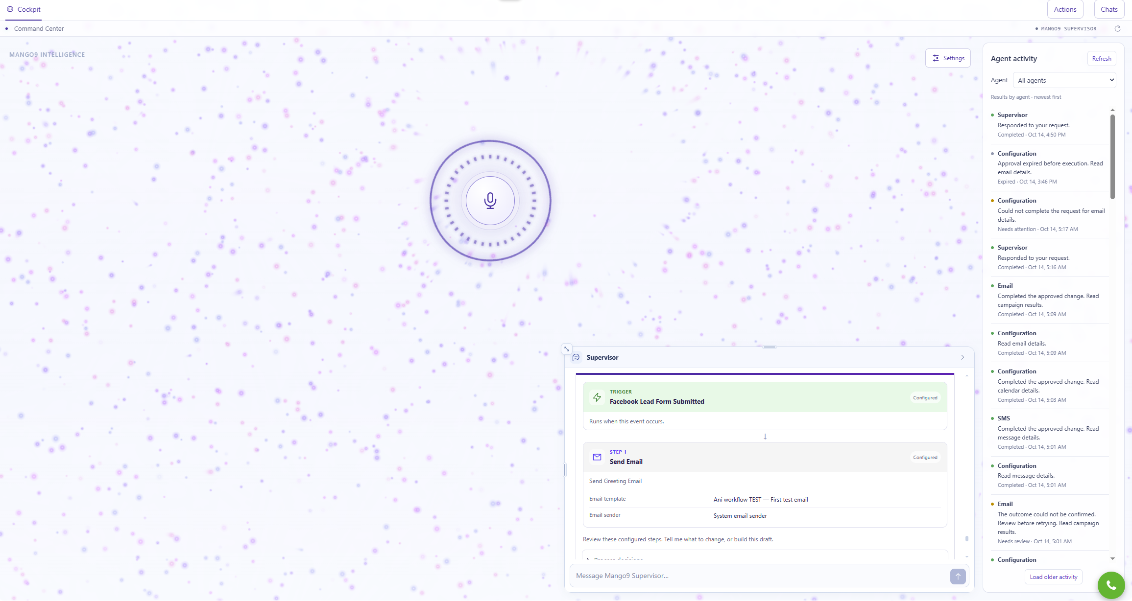 Marketing OS AI Command Center with voice control, a Supervisor chat, a workflow preview and agent activity