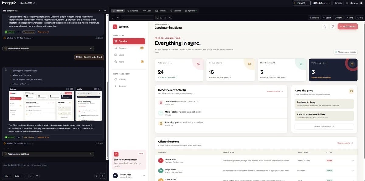 Mango9 Builder with an AI conversation alongside a working CRM app preview