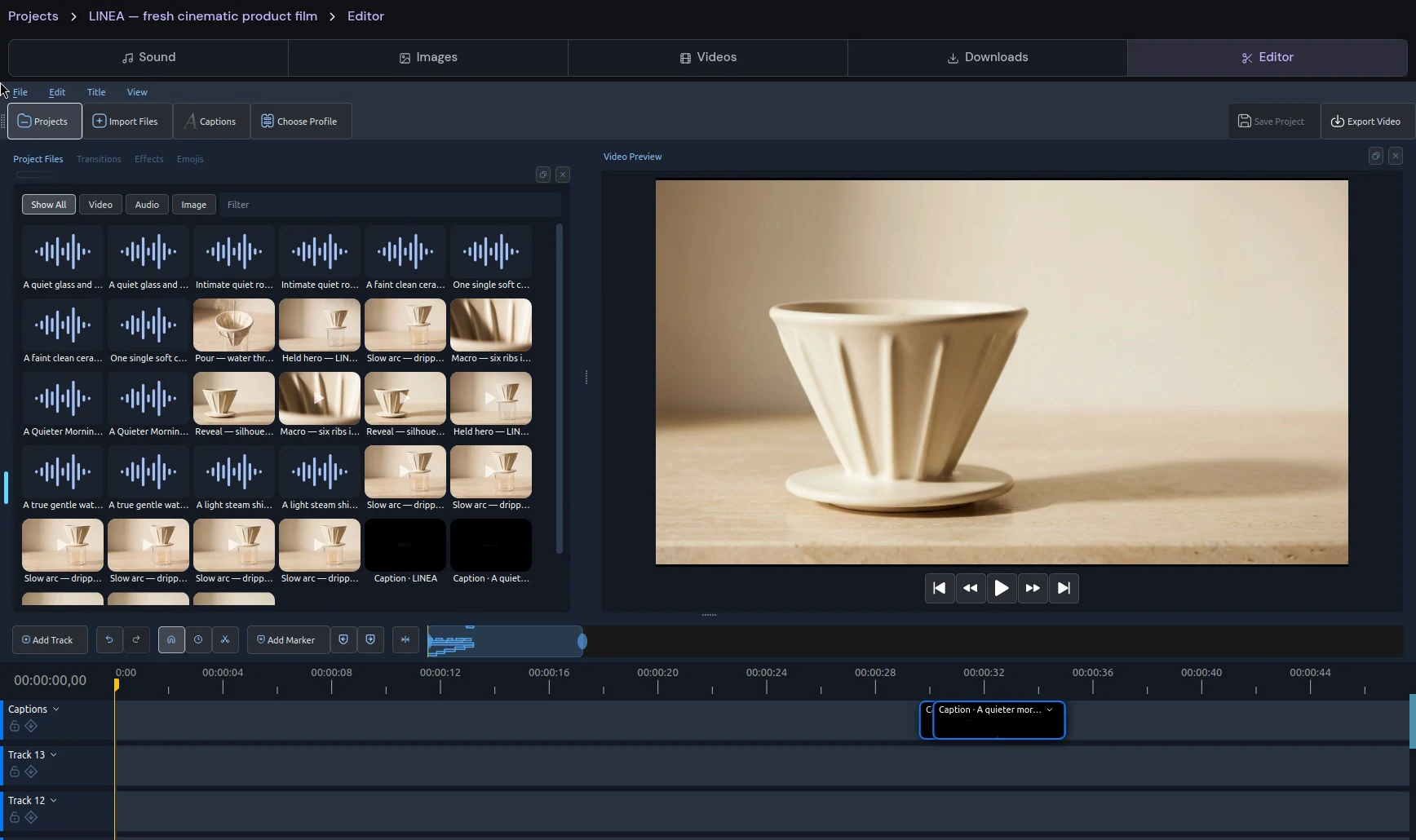 Create timeline editor with the LINEA coffee film, project images, video clips, sound tracks and captions